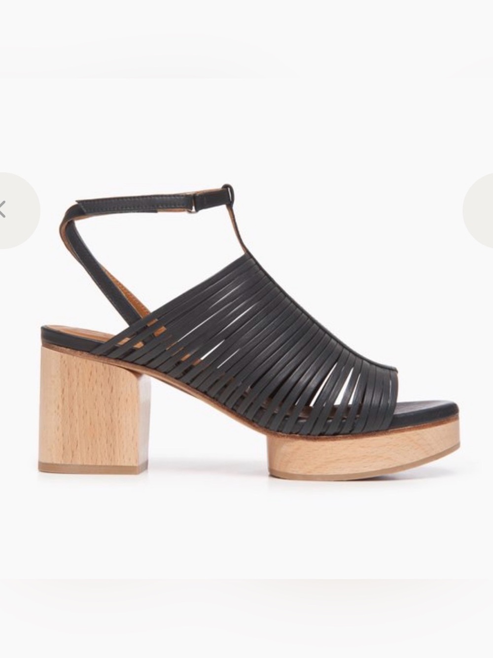 COCLICO Black Leather Strappy Wooden Block Heel Sandal